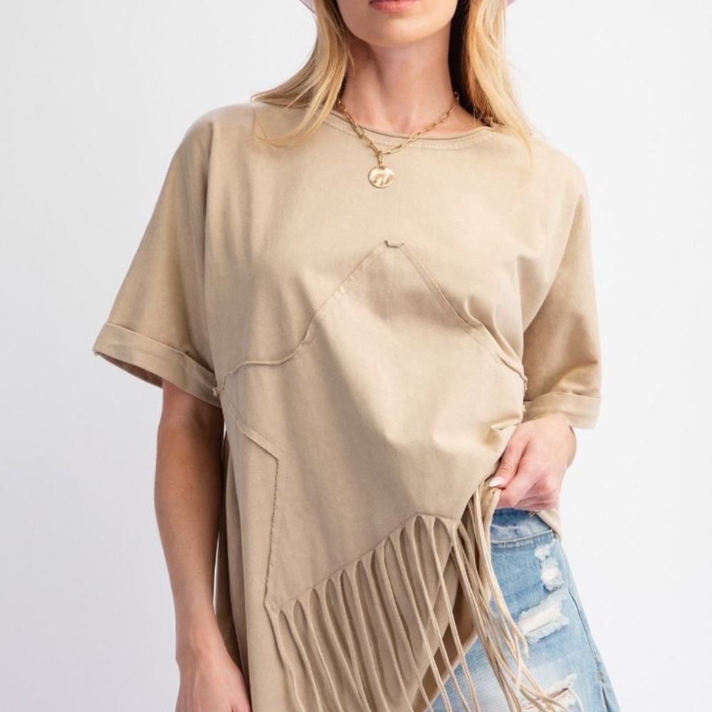 New Easel Star Fringed Cotton Tee Mineral Wash Cotton Shirt Top Short Sleeve - Picture 4 of 8